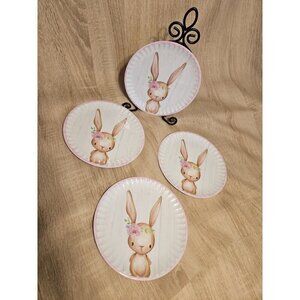 Set Of 4 Bunny Boulevard Melamine 8" Dessert Plates Cute Floral Easter Bunny
